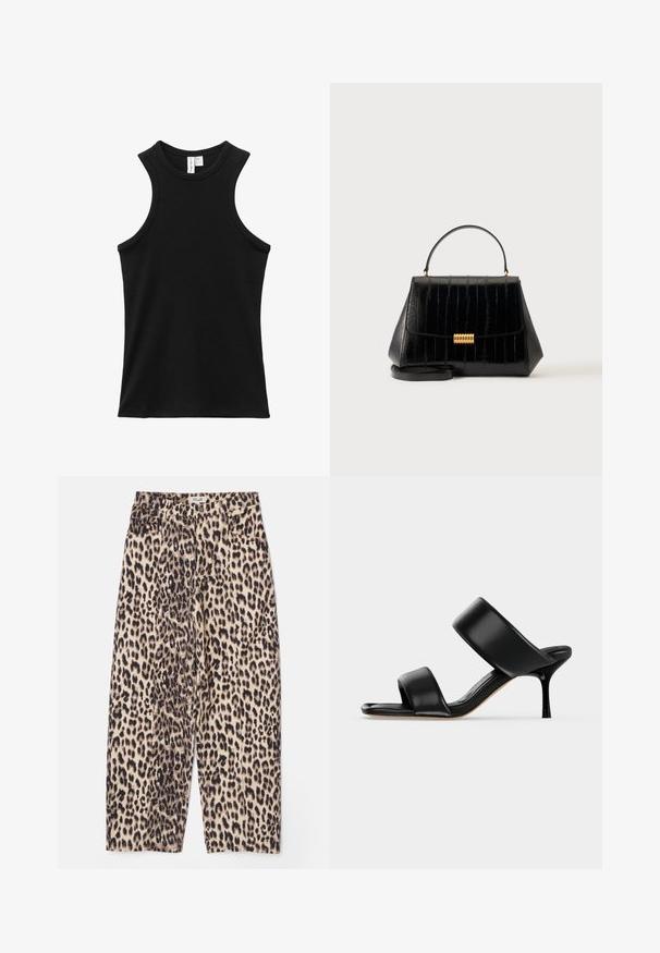 Schwarzes ärmelloses geripptes Tanktop mit hohem Rundhalsausschnitt und leichtem Racerback-Armloch.; Leopardenmuster-Hosen in Beige und Schwarz mit lockerem Sitz, strukturiertem Stoff und vier Taschen sowie einem Bund.; Schwarze Leder-Mule-Sandale mit zwei breiten Riemen und einem schlanken, mittelhohen Stilettoabsatz auf einem schlichten hellen Hintergrund.; Schwarze Lederhandtasche mit Tragegriff oben, goldfarbenem Verschluss und abnehmbarem Schulterriemen auf schlichtem hellen Hintergrund.
