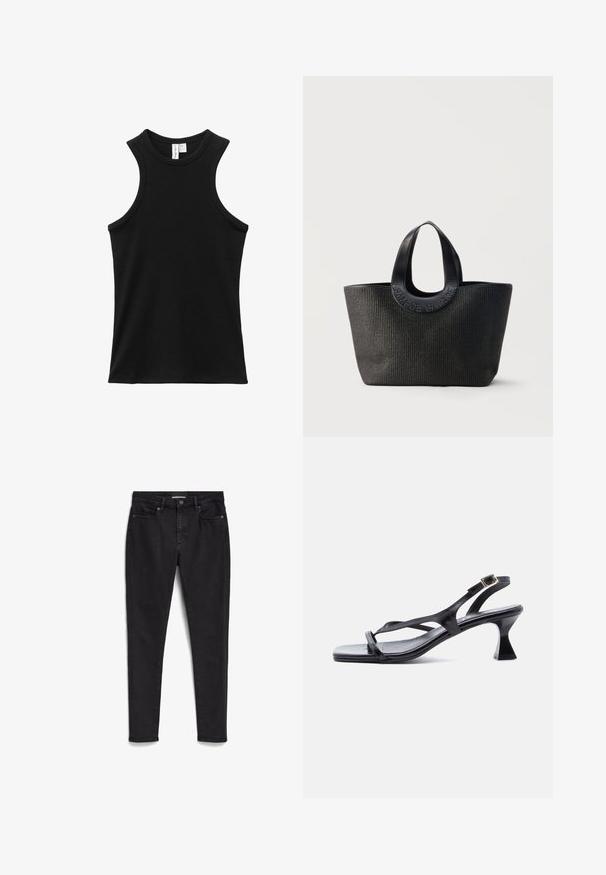 Zwarte mouwloze geribbelde tanktop met hoge ronde halslijn en lichtelijk racerback-stijl armsgaten.; Zwarte skinny jeans gemaakt van denim; vijf-pocket ontwerp met een rits en knoopsluiting. Heeft een subtiele textuur en een schone, minimalistische stitching.; Zwarte lederen damessandaal met dunne riempjes, vierkante neus, verstelbare enkelgesp en uitgewerkte hak van gemiddelde hoogte.; Zwarte getextureerde tote bag met brede afgeronde handvatten met het geperste merknaam "Samsøe Samsøe" op een neutrale achtergrond.