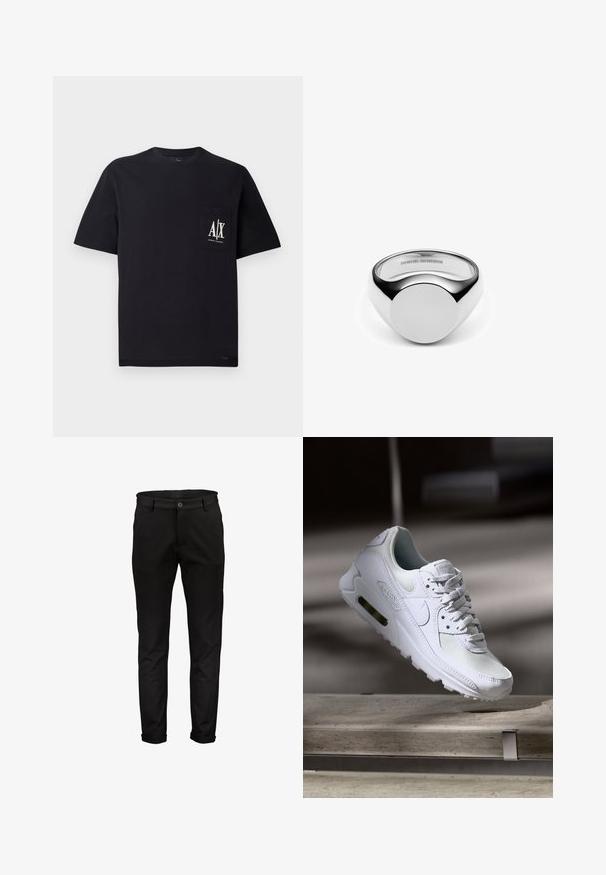 Sort bomulds T-shirt med rund hals og korte ærmer. Har en brystlomme med hvidt "A/X"-logo. Glat tekstur, afslappet pasform.; Sorte bomuldsbukser med lige pasform, knaplukning og opkrøllede bukseben. Glat tekstur og minimalistisk design uden mønstre eller accenter.; Hvide Nike Air Max 90 sneakers med en overdel i mesh og læder, perforeret tåboks og en synlig luftenhed i hælen.; Sølv ring med et glat, rundt design. Har en flad, cirkulær top og polerede kanter. Reflekterende overflade forstærker det visuelle indtryk.