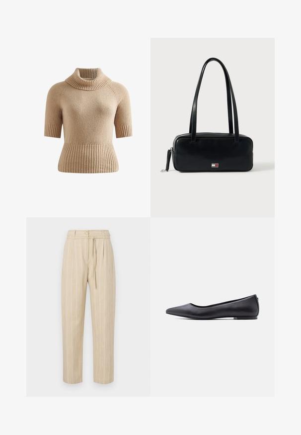 Beige kortærmet sweater med ribbet cowl-hals, ribbet kant og struktureret strik. Har en tætsiddende pasform med raglanærmer.; Beige stribede bukser med en afslappet pasform, der har en indsnævret talje, knaplukning og bælte med slipseanordning, lavet af letvægtsstof.; Sort flad lædersko med spidst tåparti og lav hæl, vist i sideprofil mod en hvid baggrund.; Sort læderhåndtaske med rektangulær form, flad bund, to skulderremme og en lille logodetalje foran. Glat tekstur.