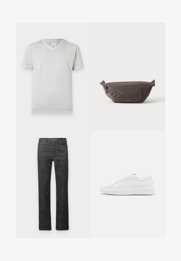 T-shirt gris clair à manches courtes avec col en V, fabriqué dans un tissu doux et texturé avec un motif chiné subtil. Aucun logo ni accent visible.; Jean droit en velours côtelé noir avec poches avant et arrière, passants de ceinture et fermeture à bouton sur fond blanc.; Baskets blanches en matériau synthétique lisse. Dotées d'un design basse, d'une semelle blanche surélevée, d'un embout arrondi et d'un système de laçage à l'avant avec cinq œillets.; Sac banane en tissu marron foncé avec poche zippée en diagonale et petit logo blanc sur le devant, sur un fond clair uni.