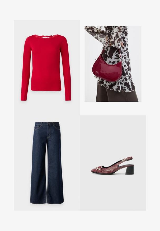 Rød langærmet top lavet af ribbet stof, med en bølget blondesnøre. Enkel design med en tætsiddende silhuet.; Bredde ben jeans i mørkeblå denim. Har kontrastsyninger, fem lommer og en knaplukning i taljen. Glat tekstur.; Bordeauxfarvet læderslippersko med rund tå, buet design, sølvhardwaredetaljer og blokhæl. Tekstureret finish.; Kvinde iført en sort- og hvidmønstret bluse, der holder en blank rød skuldertaske mod en ensfarvet baggrund.