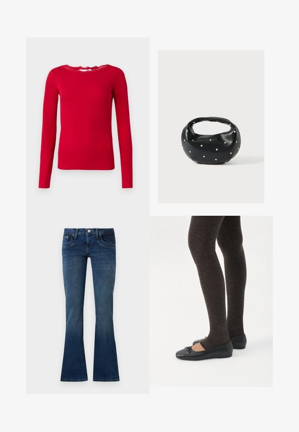 Tunique rouge à manches longues en tissu côtelé, dotée d'un col en dentelle festonné. Design simple avec une silhouette ajustée.; Jean bootcut en denim bleu avec poches avant et fermeture par bouton, présenté sur un fond gris clair uni.; Jambes portant des leggings côtelés foncés associés à des ballerines noires avec de petits détails en nœud sur fond blanc.; Sac à main en cuir noir de forme arrondie, décoré de clous argentés et équipé d'une poignée courte. Texture lisse et fermeture éclair.