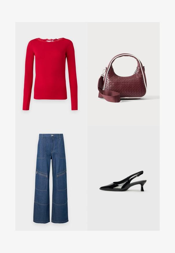 Tunique rouge à manches longues en tissu côtelé, dotée d'un col en dentelle festonné. Design simple avec une silhouette ajustée.; Pantalon en denim bleu à jambes larges avec taille haute, poches plaquées à l'avant et poches zippées aux genoux, présenté sur un fond uni.; Escarpins en cuir verni noir avec un bout pointu et un petit talon carré. Sangle réglable à la cheville avec boucle.; Sac à main en cuir tressé marron foncé avec poignée courbée, garniture blanche, fermeture éclair argentée et bandoulière large en tissu amovible sur fond uni.