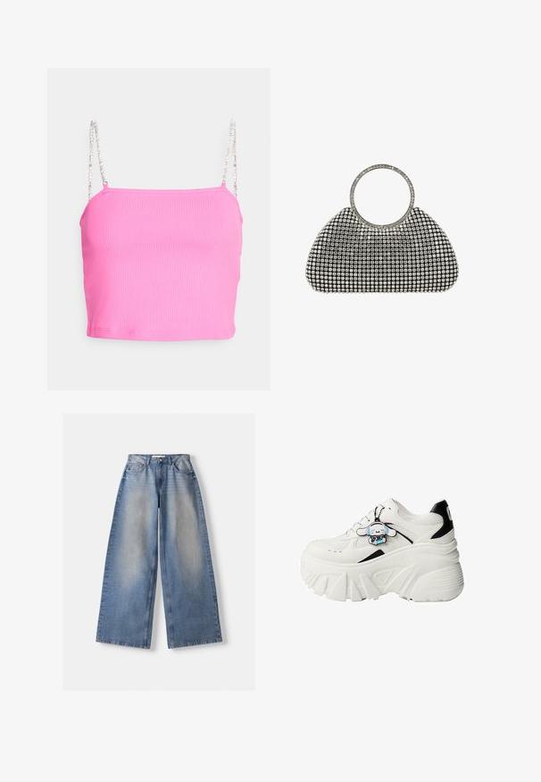 ONLY Petite ONLUNINA PEARL - Top - sugar plum; Brede blauwe denim jeans met hoge taille en vervaagde details, plat gelegd op een witte achtergrond.; Witte platform sneaker met mesh- en lederen details, dikke zool en afneembare bedel met een tekenfilmfiguur. Zwarte accenten zichtbaar.; Zwarte avondclutch bedekt met een rooster van zilveren strasstenen en een bijpassende ronde strasstenen handgreep op een witte achtergrond.