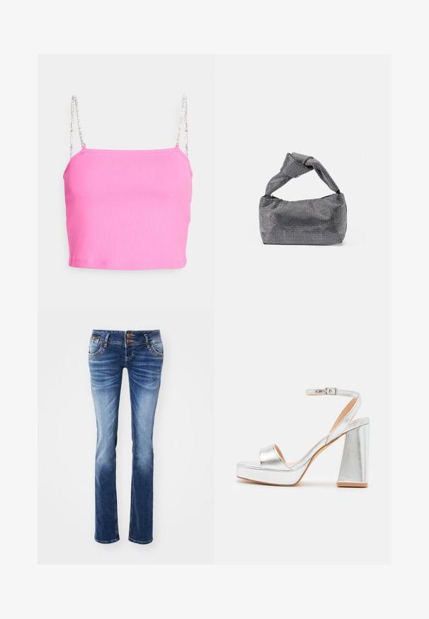 ONLY Petite ONLUNINA PEARL - Top - sugar plum; Denim jeans in een lichte tot donkere blauwe gradient, met een klassiek vijf-pocket ontwerp, metalen knoopaccenten en een rechte pasvorm.; Zilveren platform sandalen met een brede teenband, enkelband met gesp en een chunky hak. Gladde metallic afwerking en plat zoolontwerp.; Zwarte en zilveren handtas met een gestructureerd oppervlak dat een diamanten patroon vertoont, een geknoopt handvat en een gestructureerde vorm.