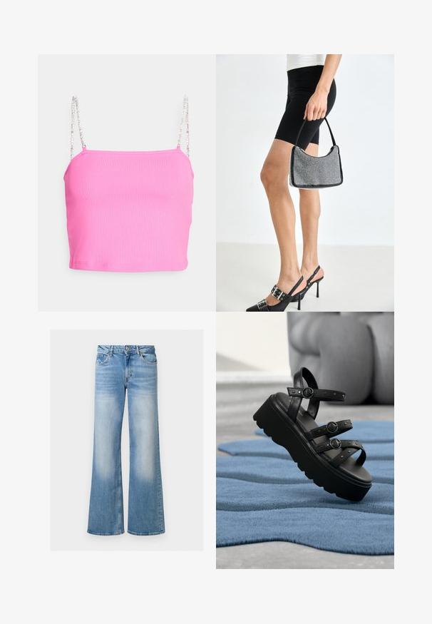 ONLY Petite ONLUNINA PEARL - Top - sugar plum; Lichtblauwe denim flared jeans met een vervaagde textuur, hoge taille en vijf-pocketdesign, voorzien van een knoop- en ritssluiting.; Zwarte platformsandaal met drie verstelbare riemen met gespen, geplaatst op een gestructureerd blauw tapijt met een wazige achtergrond.; Zwarte beaded handtas met een gebogen silhouet, draaghandvat en glanzende textuur. Draagt bij hoge zwarte hakken en strakke zwarte shorts.