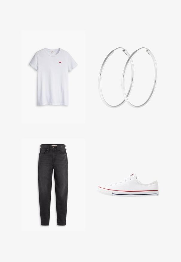 Biela bavlnená tričko s krátkymi rukávmi a okrúhlym výstrihom. Na ľavej strane hrude sa nachádza malé červené logo Levi's.; Čierne slim fit jeans s vysokým pásom, s prednými a zadnými vreckami, zapínaním na gombík a pútkami na opasok, zobrazené na bielom pozadí.; Biele plátenné tenisky s nízkym strihom a červenými a modrými akcentovými pruhmi, zaoblenou špičkou a gumovou podrážkou. Obsahuje šesť dierok na šnúrky.; Strieborné kruhové náušnice s hladkým, okrúhlym tvarom a lešteným povrchom. Obe náušnice sú rovnakej veľkosti a disponujú bezpečným uzatváracím mechanizmom.