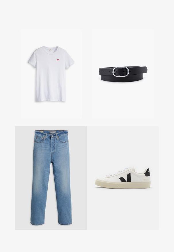Weißes Baumwoll-T-Shirt mit kurzen Ärmeln und rundem Ausschnitt. Besitzt ein kleines rotes Levi's-Logo auf der linken Brustseite.; Hellblaue gerade geschnittene Jeans aus Denim mit Fronttaschen, Gürtelschlaufen und einem Knopfverschluss auf einem schlichten Hintergrund.; Weißes Leder-Sneaker mit schwarzem Gummi-V-Logo. Strukturierte cremefarbene Sohle, weiße Schnürsenkel und Fersendetail in Schwarz mit dem Markennamen.; Schwarzer Leder Gürtel mit glatter Textur, ovaler silberner Metallschnalle und mehreren Einstelllöchern entlang des Riemens. Flaches, minimalistisches Design.