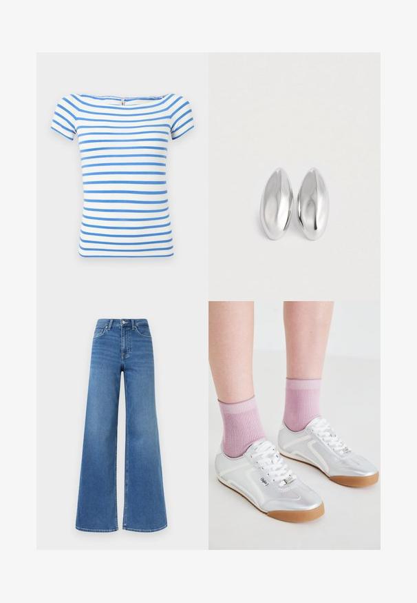 Haut blanc à manches courtes avec des rayures bleues horizontales et un large décolleté.; Jean en denim bleu taille haute avec jambes larges, fermeture avant à boutons et fermeture éclair, ainsi que poches avant et arrière.; Baskets sportives argentées avec des accents blancs et des semelles en caoutchouc caramel, associées à des chaussettes roses côtelées, mettant en avant un design basse.; Paire d'objets ovales en argent luisant et lisse disposés côte à côte sur un fond blanc uni.
