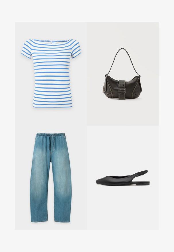 Hvid kortærmet top med vandrette blå striber og en bred halsudskæring.; Lyseblå denim-bukser med elastisk talje og snøre, lige ben, og sidelommer, vist på en ens hvid baggrund.; Sorte læder slingback sko med spidse tæer, flad hæl og buet udskæringsdesign. Glat overflade og minimalistisk stil.; Sort læder skuldertaske med spænde på remmen, afrundede kanter og kontrasterende hvide syninger på en ensfarvet baggrund.