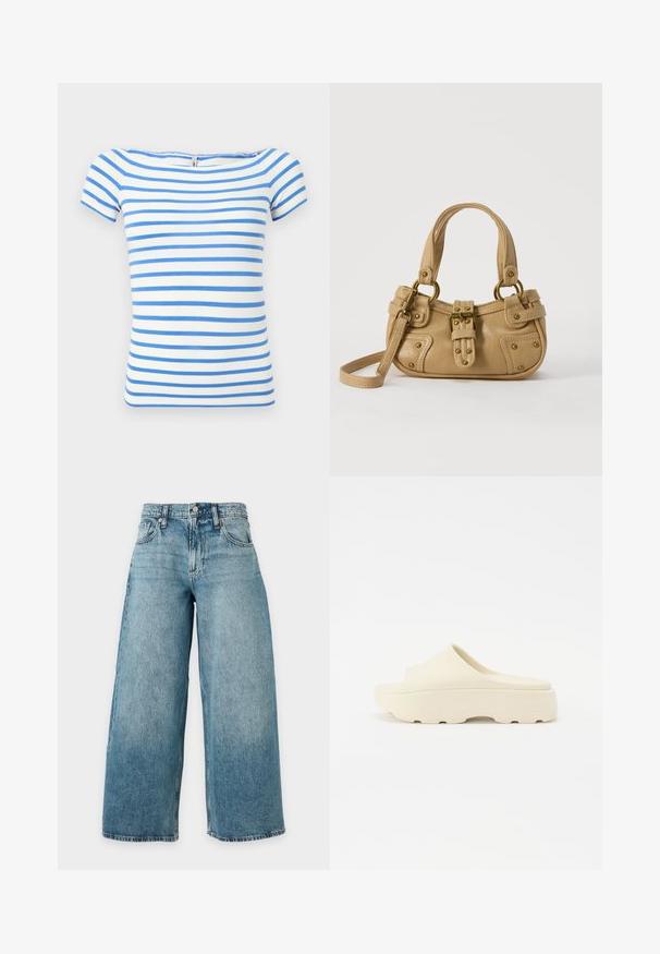 Haut blanc à manches courtes avec des rayures bleues horizontales et un large décolleté.; Jean en denim bleu clair taille haute à jambe large, cinq poches, passants de ceinture et braguette à boutons, présenté sur un fond uni.; Sandale beige à enfiler avec une surface lisse de type caoutchouc, un bout arrondi, une semelle épaisse et un fond texturé pour une bonne adhérence. Design minimaliste.; Sac à main en cuir beige avec double poignées, boucle en laiton et détails rivetés, ainsi qu'une bandoulière réglable sur fond blanc.