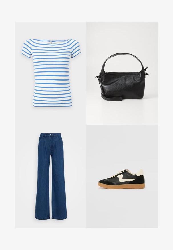 Witte top met korte mouwen, horizontale blauwe strepen en een brede halslijn.; Blauwe denim jeans met wijde pijpen en een hoge taille, voorzien van een knoop- en ritssluiting aan de voorkant, en voor- en achterzakken op een effen achtergrond.; Zwarte suède en leren sneaker met een crèmekleurige zij-swoosh en lichte crèmekleurige hiel. Voorzien van beige veters en een gumrubberen zool.; Zwarte leren handtas met een gestructureerd ontwerp, een ronde bovenhandgreep en een afneembare schouderriem. Beschikt over een gladde textuur en een subtiele glans.