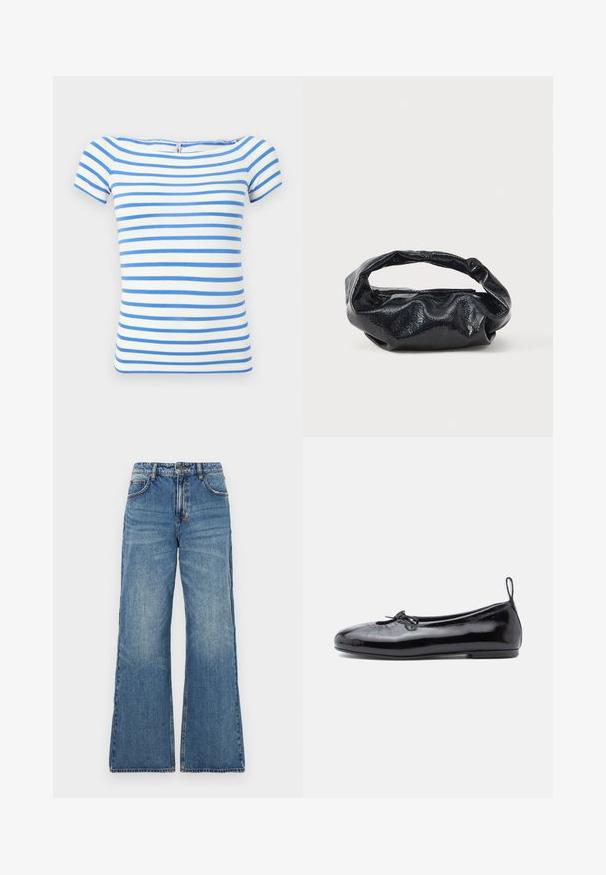 Hvid kortærmet top med vandrette blå striber og en bred halsudskæring.; Lys blå denim jeans med høj talje, brede udvidede ben og klassisk fem-lomme design. Bleg tekstur med synlige syningsdetaljer.; Sorte patenterede læder ballet flats med rund tå, lille sløjfedetalje og glat tekstur; har en lav flad sål og en træksløjfe ved hælen.; Sort taske lavet af blankt, tekstureret materiale med et cirkulært, snoet håndtag og lynlås. Har et blødt, rynket design.