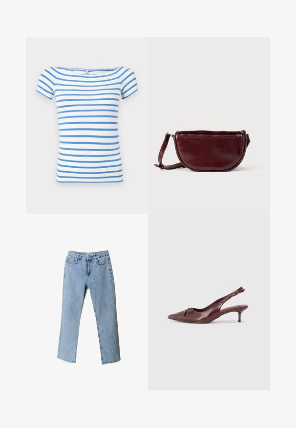 Hvid kortærmet top med vandrette blå striber og en bred halsudskæring.; Lyseblå denim jeans med lige ben design, fem-lomme stil og en taljebranding. Har lysnede områder for tekstur.; Bordeaux læder slingback hæl med spidse tå, justerbar rem og dekorativ sløjfedetalje foran. 7,5 cm hælhøjde.; Vinrød læderhåndtaske med halvmåneform, lynlås og aftagelig rem. Glat tekstur med en subtil glans.
