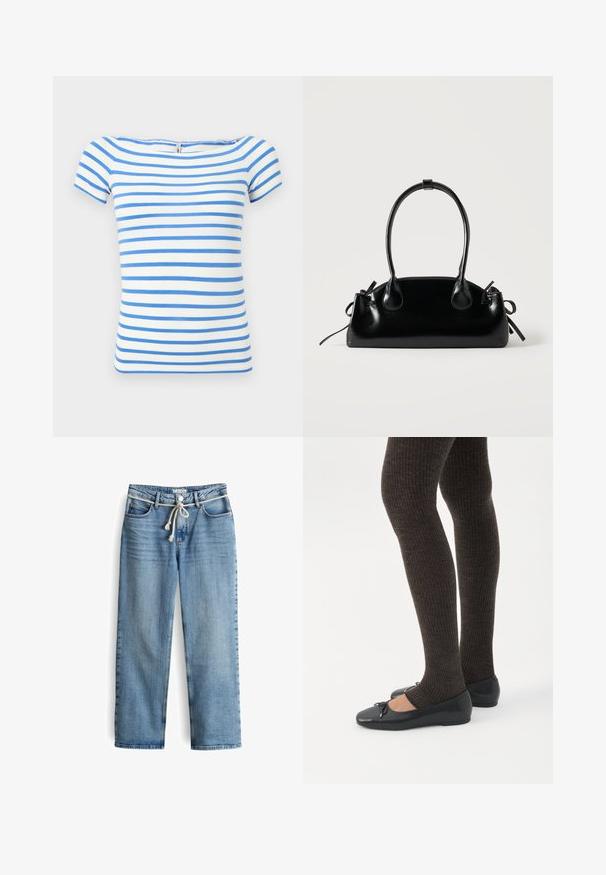 Weißes kurzärmeliges Oberteil mit horizontalen blauen Streifen und einem weiten Ausschnitt.; Hellblaue Denim-Jeans mit lässiger Passform, ausgestattet mit einem Kordelzug in der Taille, fünf Taschen und subtiler Ausbleichung des Stoffs.; Beine in dunklen, gerippten Leggings kombiniert mit schwarzen Ballerinas mit kleinen Schleifendetails auf weißem Hintergrund.; Kleine schwarze glänzende Handtasche mit zwei langen Griffen und seitlichen Kordelzug-Details vor einfachem hellem Hintergrund.