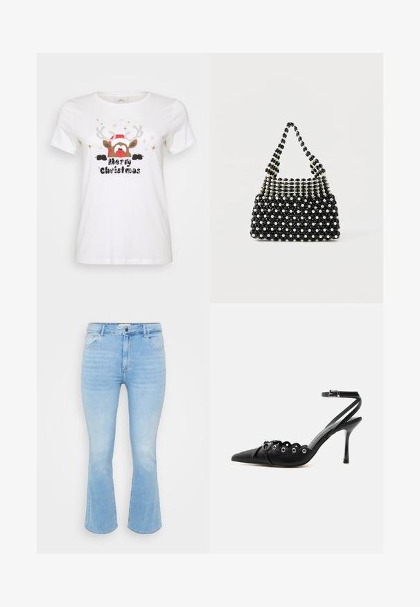 Hvid T-shirt med korte ærmer, der har et grafik af et rensdyr med en rød næse, gevir og en julemands hat, samt teksten "Glædelig Jul" i sort.; Lys blå denim jeans med en tætsiddende talje, flagrende bukseben, fem-lomme design og subtil forvitring i stofstrukturen.; Sort spids hæl med bølgede kanter, metaløjer, snørelukning foran og ankelrem med spænde.; Sort-hvid perlebesat håndtaske med kort håndtag, der har skiftevis perleagtige og sorte facetterede perler i et ternet mønster.