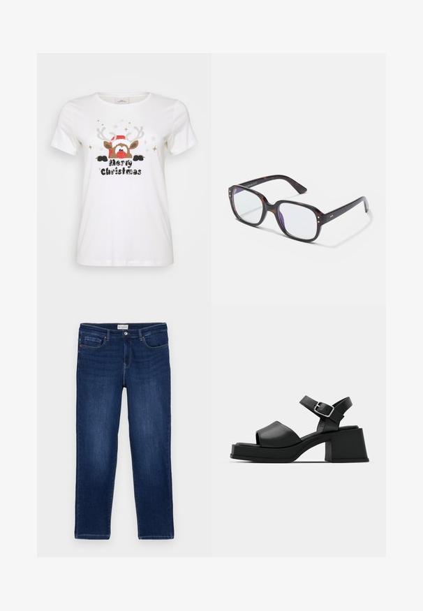 Weißes Kurzarm-T-Shirt mit einem Rentier-Graphic, das eine rote Nase, Geweih und einen Weihnachtsmann-Hut zeigt, sowie "Frohe Weihnachten" in Schwarz.; Dunkelblaue Denim-Jeans im geraden Schnitt, mit Fünf-Taschen-Design, sichtbaren Nähten und einem Metallknopfverschluss am Bund.; Schwarze Leder-Plateausandalen mit einem Peeptoe-Design, Knöchelriemen und einem klobigen, quadratischen Absatz. Sanfte Textur und minimalistischer Stil.; Schildkrötenmuster rechteckige Brille mit klaren Gläsern, die über robuste Rahmen, goldene Akzente und ein elegantes Design verfügt.