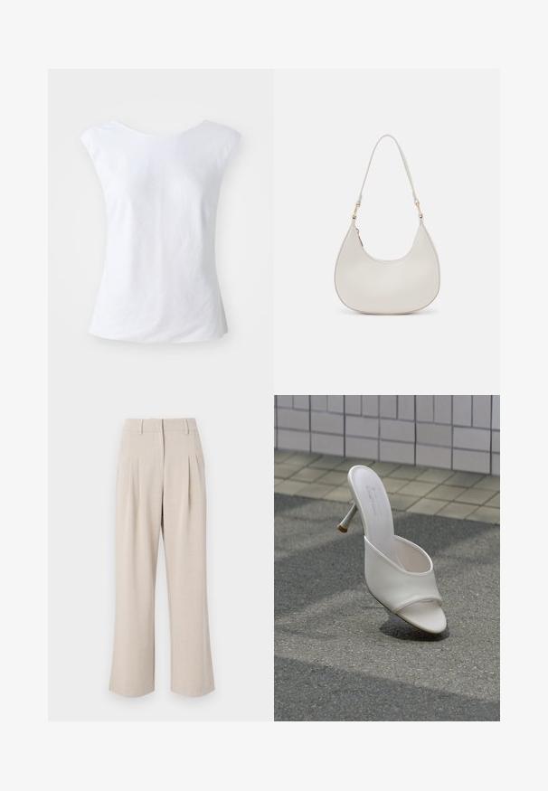 Hvid ærmeløs top med rund halsudskæring, lavet af struktureret stof. Simpelt, udekoreret design med en afslappet pasform.; Beige viddebukser med høj talje, der har frontfolder, en glat tekstur og en skræddersyet design. Ingen synlige lommer eller udsmykninger.; Hvid højhælet mule-sko med åben tå, svævende over gråt asfalt- og flisevæg baggrund.; Cremefarvet læder skuldertaske med en halvmåneform, tynd rem og diskrete syninger. Minimalistisk design med hardware-accenter i guldton.