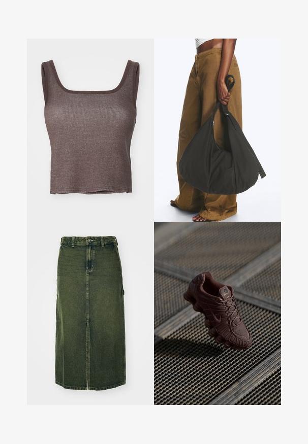 Brun stribet tanktop med firkantet udskæring og brede stropper; tekstureret stof med en lige kant, der giver en tætsiddende silhuet.; Grøn denimnederdel med mellemlangt snit, frontslids, knaplukning og bæltestropper. Dens struktur er let falmet, med sidelommer.; Brun Nike sneaker med tekstureret mesh-overdel, karakteristisk buet sål og polstret krave, vist mod en mønstret baggrund.; Person iført brune vidde bukser og hvid top holder en stor sort blød håndtaske i remmen ved siden.