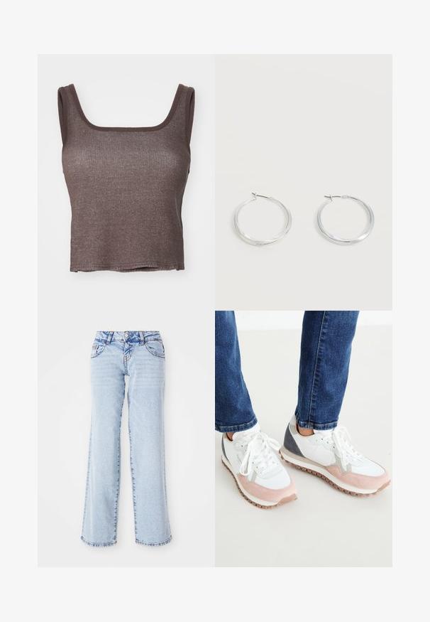 Brun stribet tanktop med firkantet udskæring og brede stropper; tekstureret stof med en lige kant, der giver en tætsiddende silhuet.; Lyseblå denimjeans med en afslappet pasform, lige ben og subtilt slid. Har fem lommer og bæltestropper. Distressed kantdetalje.; Hvide og lyserøde sneakers med grå accenter, der har en overdel i ruskind og mesh, gummisål og runde snørebånd.; Sølvfarvede metaloorringe med glat, let buet overflade og låsemekanisme på en ensfarvet hvid baggrund.