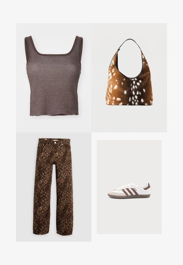 Brun stribet tanktop med firkantet udskæring og brede stropper; tekstureret stof med en lige kant, der giver en tætsiddende silhuet.; Bordeaux og tan leopardprint brede benjeans. Fremstillet af denim, med et klassisk fem-lomme design og metalhardwaredetaljer.; Hvid Adidas Samba sneaker med brune ruskindstriber, brun ruskindstå og gummisål på en lys grå baggrund.; Brun og sort håndtaske med hvid pletskindtekstur og en enkelt sort skulderrem på en ensfarvet baggrund.