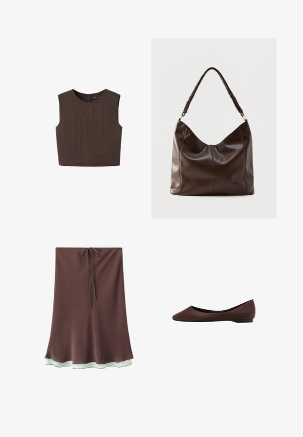 Haut court marron foncé sans manches avec un col rond, en tissu texturé, présenté à plat sur fond blanc.; Jupe trapèze marron avec ourlet bleu clair à volants et fine ceinture nouée à la taille, présentée sur fond blanc.; Chaussure de ballet plate en cuir marron foncé avec bout pointu et petit talon, vue de profil sur fond blanc.; Sac à bandoulière en cuir brun foncé avec une poignée tressée et des coutures apparentes sur le devant.