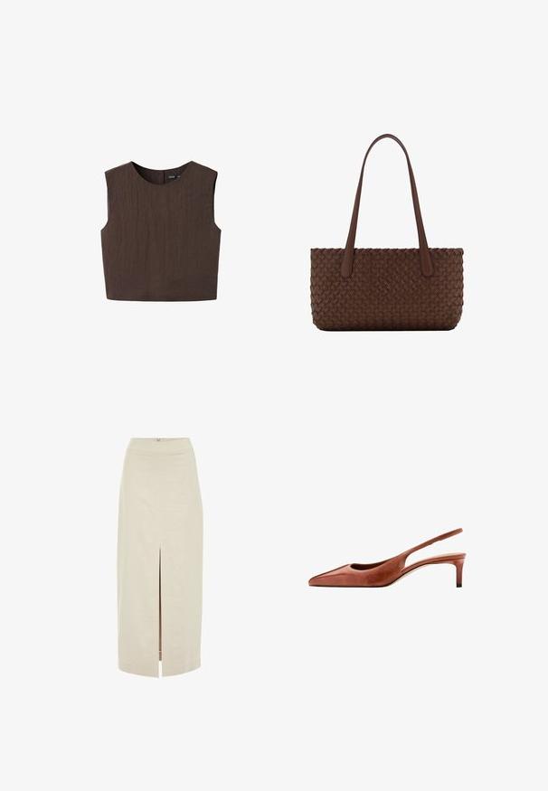 Haut court marron foncé sans manches avec un col rond, en tissu texturé, présenté à plat sur fond blanc.; Jupe midi beige clair avec une coupe droite et une fente centrale à l'avant. Fabriquée dans un tissu lisse avec une fermeture éclair dissimulée à l'arrière.; Chaussure slingback en cuir marron à bout pointu, petit talon kitten et fine bride autour du talon sur fond blanc.; Sac à main en cuir marron avec un motif tissé, avec deux longues anses fines pour un port à l'épaule.
