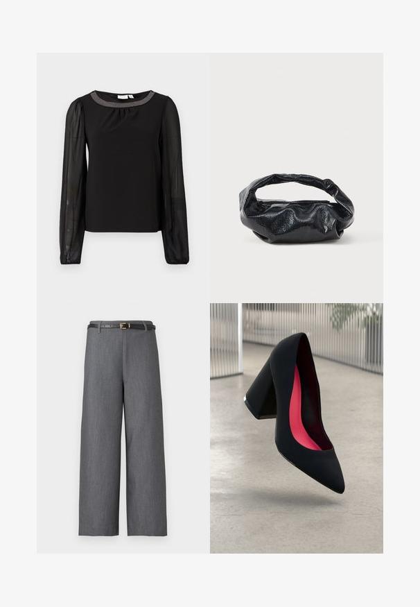 Haut noir à manches longues transparentes et encolure froncée. Le col est orné d'embellissements métalliques, offrant un contraste avec le tissu doux.; Pantalon gris à jambes larges et taille haute, associé à une fine ceinture noire avec une petite boucle dorée.; Chaussure à talon haut noire avec un bout pointu et une tige texturée. Intérieur avec une doublure rose vif. Talon carré avec un accent métallique à la base.; Sac noir en matériau texturé et brillant avec une poignée circulaire torsadée et une fermeture éclair. Présente un design doux et froissé.