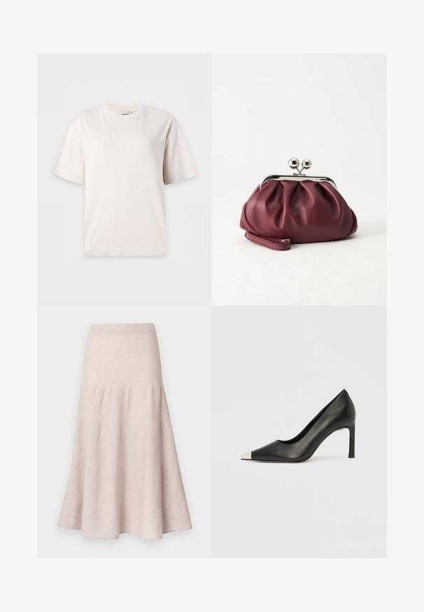 Camiseta blanca lisa de manga corta con cuello redondo mostrada sobre un fondo gris claro.; Falda acampanada de color beige claro hecha de tela suave, con cintura alta y diseño fruncido con una silueta fluida.; Zapato de tacón alto de cuero negro con punta en forma de pico y una tapa metálica plateada. Presenta un acabado suave y un tacón delgado de 10 cm.; Pequeño bolso de mano de cuero burdeos con cierre metálico plateado y correa de muñeca sobre un fondo blanco.