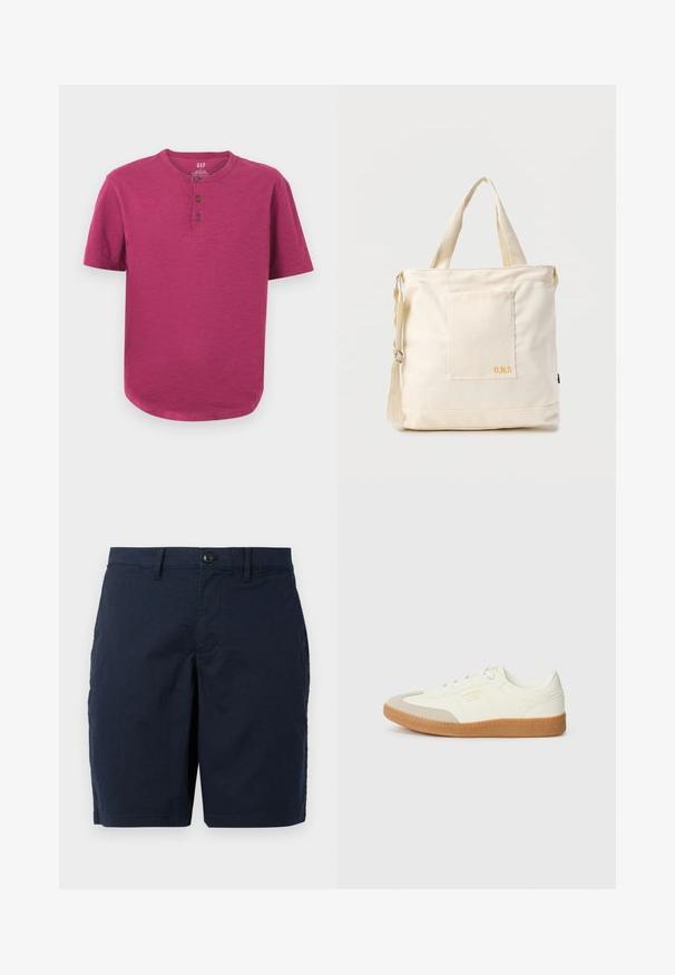 Kortærmet henley-skjorte i en livlig magenta farve. Har en rund hals, tre-knaps stolpe og en let buet kant. Blød tekstur.; Marineblå shorts lavet af letvægtsstof. Har en knaplukning, flad front og to sidelommer. Klassisk, lige pasform.; Sneaker lavet af hvid læder med en beige tåhætte og let brunt gummisål. Har flade hvide snørebånd og prægede branding på siden.; Kremfarvet lærredstote-taske med frontlomme, to håndtag, justerbar skulderrem og lille gul "O.N.S" tekst i nederste højre hjørne af lommen.