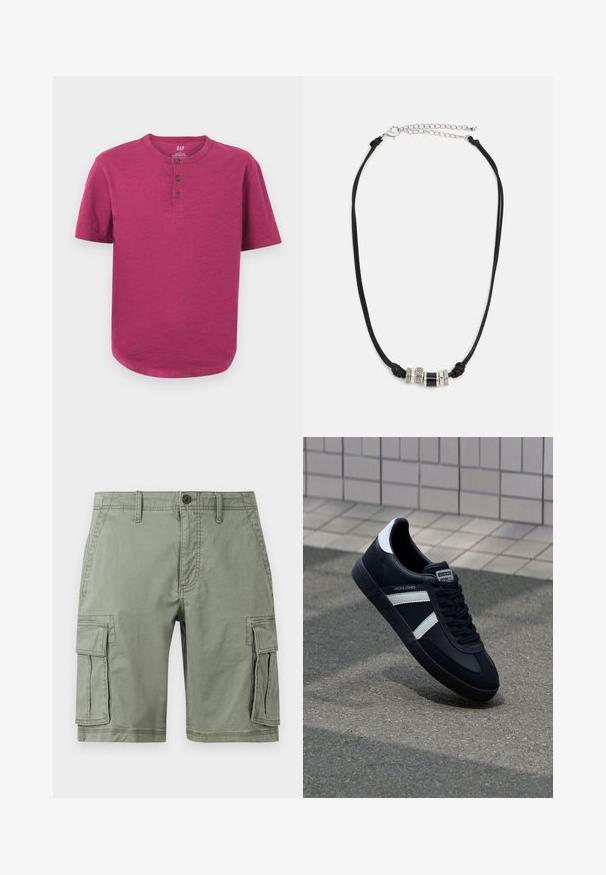 T-shirt henley à manches courtes dans une couleur magenta vive. Présente un col rond, une patte de boutonnage à trois boutons et un ourlet légèrement incurvé. Texture douce.; Shorts cargo verts en mélange de coton, dotés de deux poches latérales, fermeture à bouton et coupe droite.; Sneaker en cuir noir avec des rayures blanches, semelle en caoutchouc texturée et devant à lacets. Présente une étiquette de marque sur la languette.; Le collier en cordon noir présente trois perles décoratives en métal, dont deux anneaux texturés en argent et une perle cylindrique noire, avec une chaîne réglable.