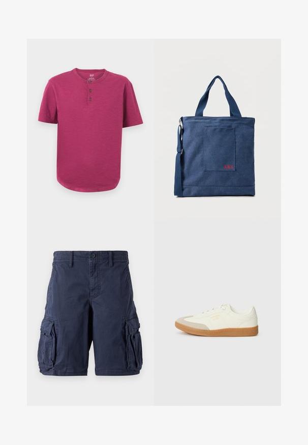 Kortærmet henley-skjorte i en livlig magenta farve. Har en rund hals, tre-knaps stolpe og en let buet kant. Blød tekstur.; Mørkeblå cargo shorts lavet af bomuld. Har flere sidelommer, knappelukning og en afslappet pasform. Glat tekstur og holdbart design.; Sneaker lavet af hvid læder med en beige tåhætte og let brunt gummisål. Har flade hvide snørebånd og prægede branding på siden.; Blå lærredstote taske med frontlomme og rød "O.N.S" broderi, med to håndtag og en justerbar skulderrem.