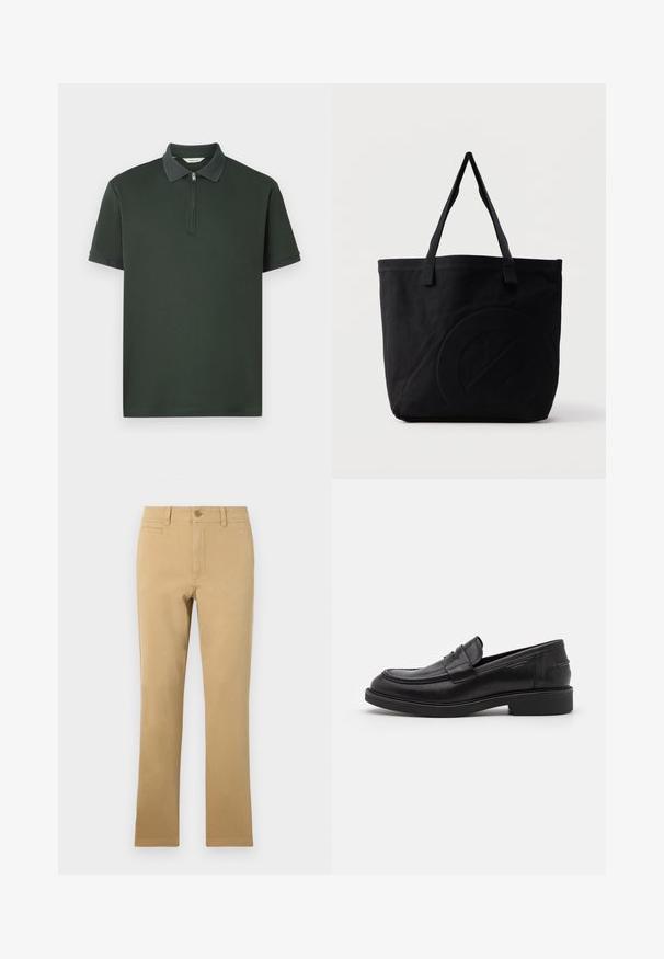 Mørkegrøn polo shirt med korte ærmer, lynlås krave og kontrasterende tekstureret kravekant. Lavet af glat stof med et minimalistisk design.; Kaki-farvede lige ben bukser lavet af bomuld, med knaplukning, forlommer og en glat overflade.; Sorte læder loafers med en rund tå, tonale syninger og en stropdetalje foran. Gummisål med en lav hæl.; Sort canvas-tote-taske med to skulderstropper og et diskret præget cirkeldesign på fronten.