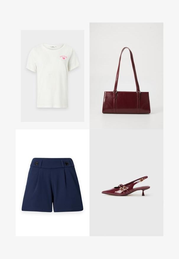 Witte T-shirt met korte mouwen, met een roze hart en de tekst "AMOUR SINCE 1991" op de linkerborst.; Marineblauwe op maat gemaakte shorts van lichtgewicht stof, met twee voorplooien en twee zwarte knopen op de tailleband.; Bordeaux lakleren slingback schoen met een spitse neus, twee platte banden met gouden gespen en een kleine hak.; Bourgondische handtas van glanzend materiaal, rechthoekige vorm, met twee schouderbanden en subtiele gebogen accenten aan de voorkant.