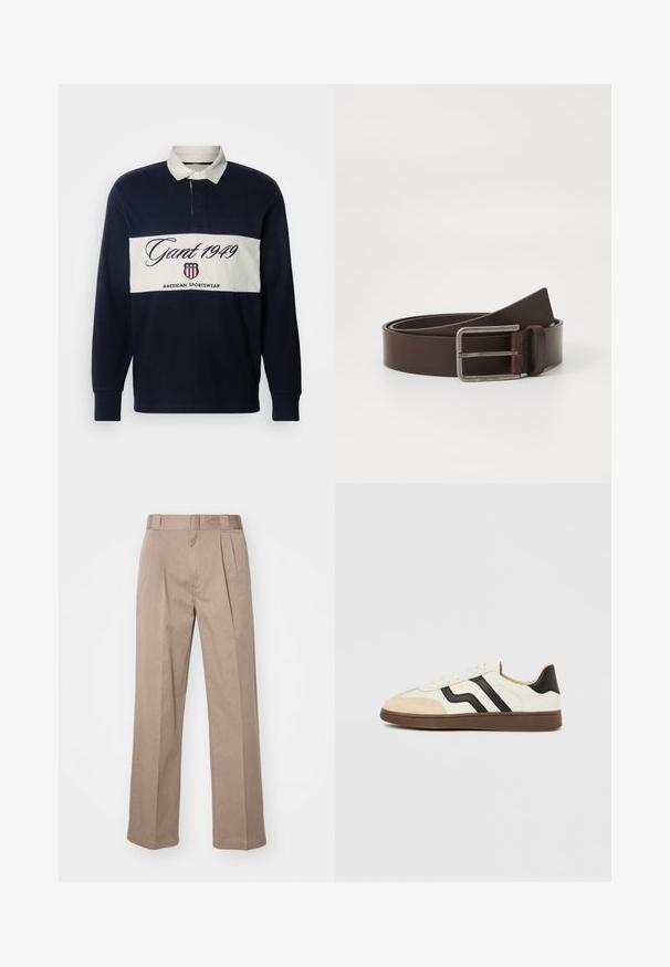 Marineblaues Langarm-Polo mit weißem Kragen und horizontalem weißen Streifen. Enthält das "Gant 1949"-Logo und Amerikansches Sportbekleidungs-Branding. Material aus Baumwollmischung.; Beige, hoch taillierte Hosen mit weit geschnittenem Design. Verfügbar mit zwei Vorderfalten und einer glatten Textur. Standardlänge mit einem sauberen Finish.; Weißer Ledersneaker mit schwarzen Streifen und hellbraunem Wildleder-Zehenkappe. Gummisohle in Dunkelbraun. Schnürsenkel und gepolsterter Kragen vervollständigen das Design.; Brauner Ledergürtel mit einer silbernen rechteckigen Schnalle, die eine glatte Textur und ein minimalistisches Design aufweist. Calvin Klein Branding ist sichtbar.