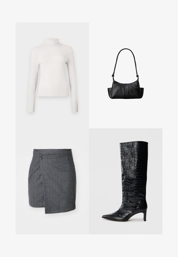 Romige ribbelige langemouw turtleneck top met een getailleerde silhouet tegen een effen witte achtergrond.; Grijze visgraat wikkelrok van textuurwol, met een enkele knoopsluiting in de taille en een asymmetrische zoom.; Zwarte knielaarzen met een glanzende, krokodillenpatroonstructuur, een puntige neus en een taps toelopende hak. Gladde synthetische materiaal.; Zwarte leren schoudertas met lange band, zijvakjes en een reliëflogo van Calvin Klein aan de voorkant.