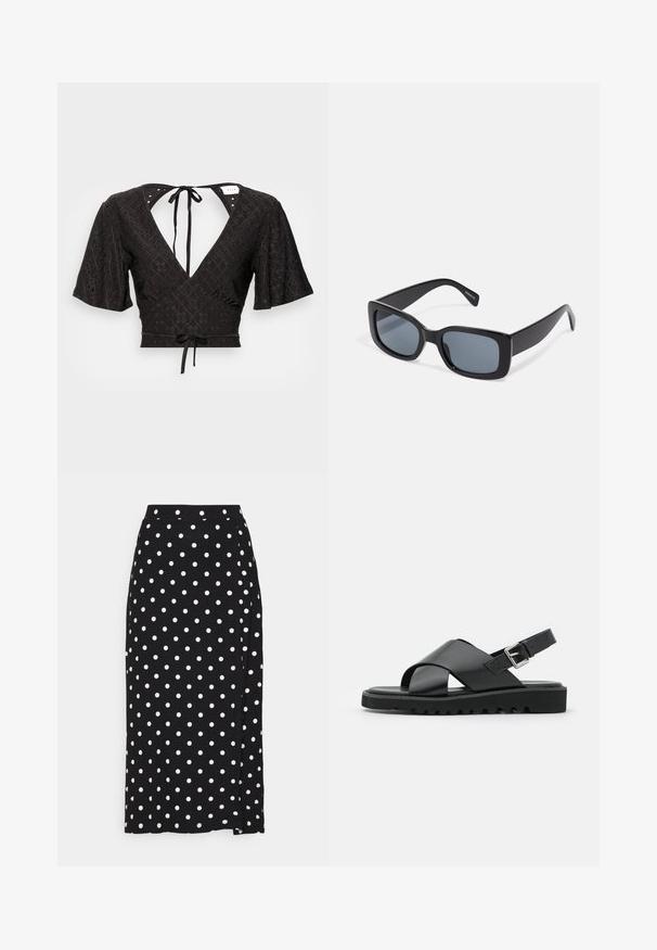 Blouse noire crop avec des manches bouffantes courtes, un décolleté en V profond et un lien au dos. Le tissu présente un motif texturé avec des découpes.; Jupe noire à pois blancs, faite en tissu doux. Elle présente une coupe droite et une fente en bas pour plus de liberté de mouvement.; Sandales en cuir noir avec un design à lanières croisées, boucle réglable et semelle texturée avec des crans pour une meilleure adhérence.; Lunettes de soleil rectangulaires noires avec des verres teintés foncés, monture en plastique épaisse et branches larges. Surface lisse et design angulaire.