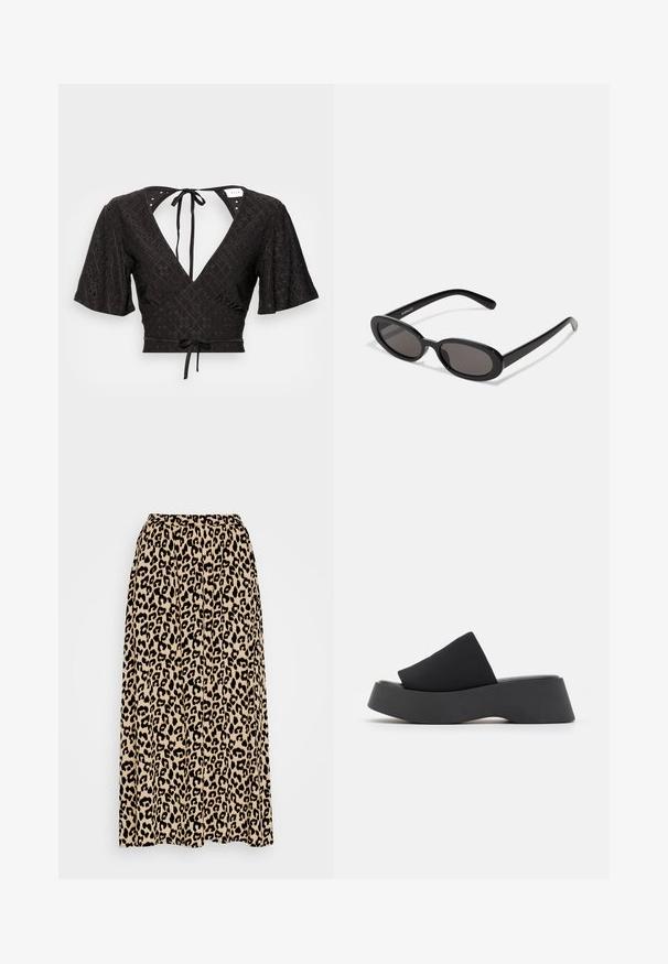 Sort cropped bluse med korte puffærmer, dyb V-udskæring og en sløjfe i ryggen. Stoffet har et tekstureret mønster med udskæringer.; Leopartrykt midi-nederdel i beige og sort. Har en elastisk talje og en plisseret design for øget bevægelse og pasform.; Call it Spring VENISE B.E.D FOAM - Mules med hæl - black; Even&Odd by Zalando Solbriller - black