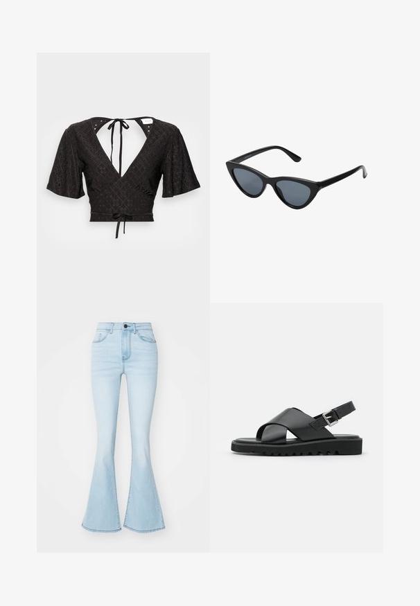 Sort cropped bluse med korte puffærmer, dyb V-udskæring og en sløjfe i ryggen. Stoffet har et tekstureret mønster med udskæringer.; Lysblå flagrende jeans lavet af denim, med høj talje, fem lommer og en lynlås åbning med en enkelt knaplukning.; Sorte lædersandaler med et korsremdesign, justerbar spænde og en tekstureret sål med riller for bedre greb.; Sorte katteøje solbriller med mørkegrå linser, slankt plastisk stel, spidse hjørner og lige stænger. Ingen synlig hardware eller dekorationer.