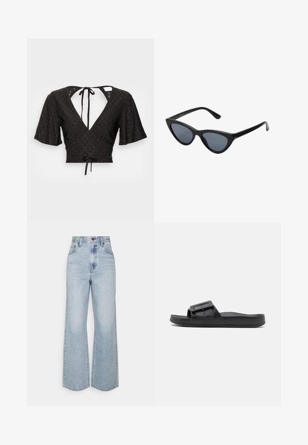 Sort cropped bluse med korte puffærmer, dyb V-udskæring og en sløjfe i ryggen. Stoffet har et tekstureret mønster med udskæringer.; Lysblå denim brede ben jeans med høj talje, klassisk fem-lomme design og kontrasterende syninger. Uslebne kanter i bunden.; Sort sklidesandal med bred rem, justerbart spænde, flad sål og glat mat tekstur. Enkel design uden ekstra mønstre.; Sorte katteøje solbriller med mørkegrå linser, slankt plastisk stel, spidse hjørner og lige stænger. Ingen synlig hardware eller dekorationer.