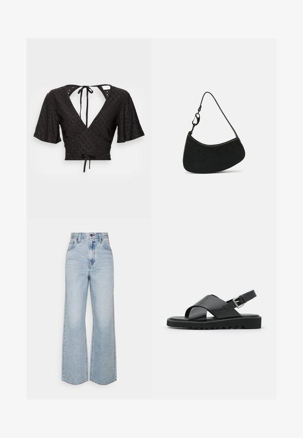 Zwarte cropped blouse met korte puffmouwen, een diepe V-hals en een strik aan de achterkant. De stof heeft een gestructureerd patroon met uitsparingen.; Lichtblauwe denim broek met wijde pijpen, hoge taille, klassiek vijfzakkenontwerp en contrasterende stiksels. Rauwe zoom aan de onderkant.; Zwarte leren sandalen met een kruisbandontwerp, verstelbare gesp en een gestructureerde zool met ribbels voor grip.; Zwarte handtas met een gebogen vorm, een gladde textuur en een korte band met een metalen sluiting. Minimalistisch ontwerp zonder patronen of accenten.