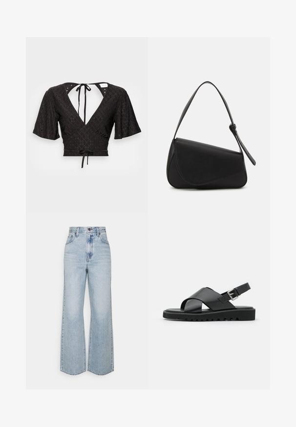 Sort cropped bluse med korte puffærmer, dyb V-udskæring og en sløjfe i ryggen. Stoffet har et tekstureret mønster med udskæringer.; Lysblå denim brede ben jeans med høj talje, klassisk fem-lomme design og kontrasterende syninger. Uslebne kanter i bunden.; Sorte lædersandaler med et korsremdesign, justerbar spænde og en tekstureret sål med riller for bedre greb.; Sort læderhåndtaske med en triangular form, skrå klap og et rundt håndtag. Har en glat overflade og minimalistiske design detaljer.