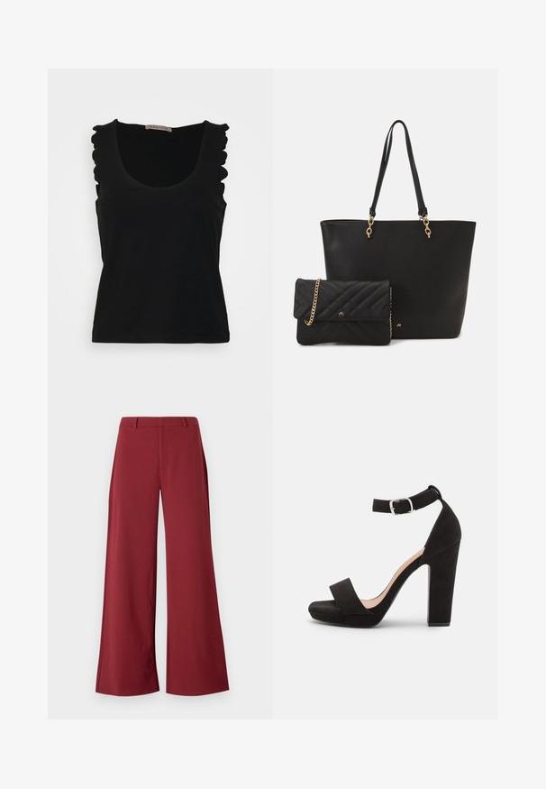 Anna Field by Zalando Top - black; Weite Hosen in einem tiefen Burgunderfarbton. Hergestellt aus einem glatten, dehnbaren Stoff mit taillierten Nähten und einem Reißverschluss auf der Vorderseite.; Anna Field by Zalando Riemensandalette - black; Schwarze Taschen aus Kunstleder mit zwei stabilen Griffen und goldfarbener Hardware, kombiniert mit einer kleinen gepolsterten schwarzen Clutch mit einer Kettenriemen.