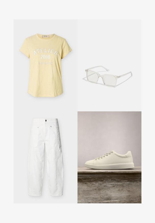 Gul og hvid tyndstribet kortærmet T-shirt med "ATELIER 2010 MOS MOSH" trykt i hvidt på brystet.; Hvide bukser med vidde ben, frontlommer med påsyet lommer, knaplukning og synlige sømdetaljer, vist på en ensfarvet baggrund.; Hvide lave lædersneakers med snørebånd og flad gummisål, vist fra siden på en ensfarvet baggrund.; Klare plastiske briller med firkantet ramme og gennemsigtige linser, der har guld accenter på tempelstængerne for ekstra detaljer.