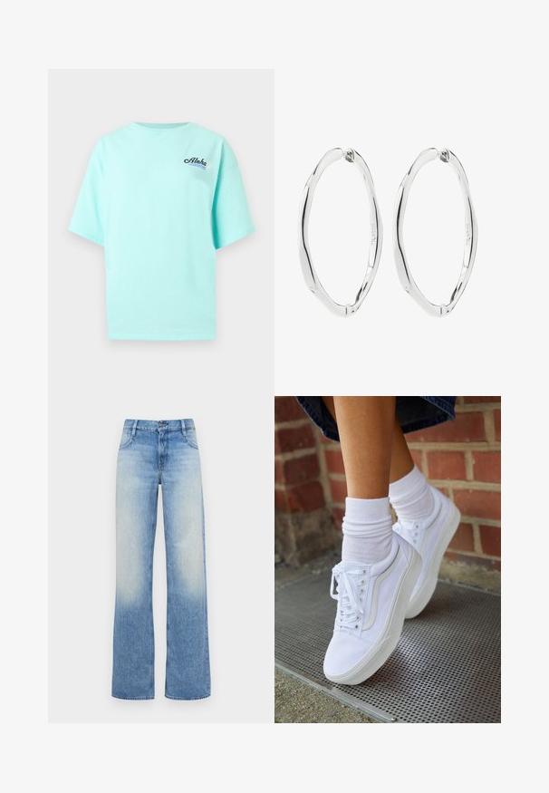 Camiseta de manga corta azul claro con el texto "Aloha", gráfico de ola y una pequeña flor blanca en el lado izquierdo del pecho.; Jeans de tiro alto y pierna ancha en azul claro con una textura desgastada. Cuenta con cinco bolsillos y un cierre de botón en la cinturilla.; Zapatillas de lona blancas con suelas de goma, que presentan seis ojales, puntera redonda y detalles de costura ligera, combinadas con calcetines blancos hasta el tobillo.; Par de pendientes de aro ovalados retorcidos de plata pulida con cierres de bisagra, mostrados sobre fondo blanco.