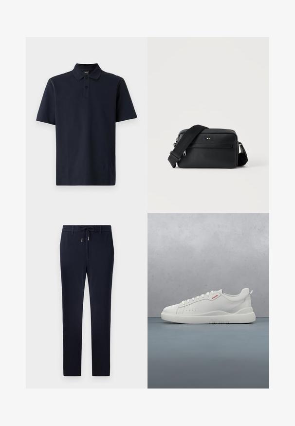 Navyblaues Poloshirt mit kurzen Ärmeln aus strukturiertem Baumwollstoff, mit einem Zwei-Knopf-Verschluss, einem klassischen Kragen und dezenten Schulternähten.; Marineblaue Hose mit einem Kordelzugbund, schlankem Schnitt und glattem Textil. Keine sichtbaren Muster oder Akzente.; Weiße Sneaker aus glattem Leder, runde Spitze, vier Ösen, dezente Perforationen und ein rotes Logodetail an der Seite.; Schwarze, strukturierte Leder-Crossbody-Tasche mit vorderer Reißverschlusstasche und verstellbarem breitem Stoff-Schulterriemen auf weißem Hintergrund.