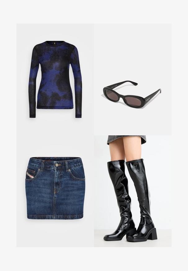 Top à manches longues en bleu et noir avec un motif abstrait, fabriqué en tissu doux, présentant un col rond et une coupe ajustée.; Jupe en denim bleu foncé avec une coupe ajustée, cinq poches et des coutures orange. Inclut un système de fermeture à bouton métallique à la taille.; Bottes noires, brillantes, montantes jusqu'aux genoux, avec un bout carré et un talon épais. Présentent une fermeture éclair latérale et un design ajusté en texture.; Lunettes de soleil noires avec des montures ovales, des verres teintés foncés et "vogue" imprimé en blanc sur les branches extérieures. Matériau en plastique lisse.