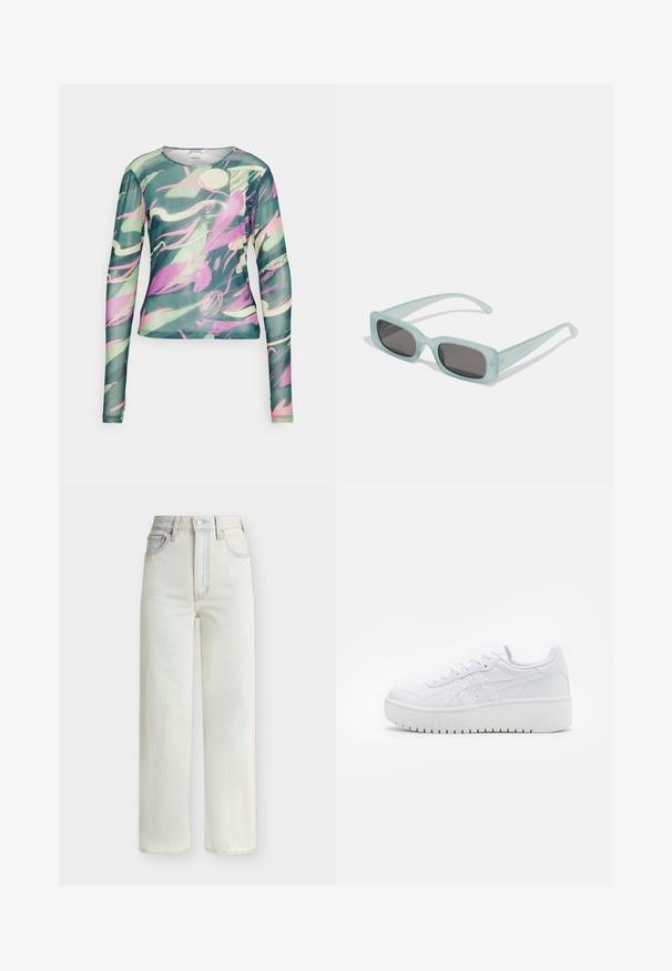Monki Longsleeve - multicoloured; Lichtblauwe denim jeans met hoge taille, rechte pijpen, vooraan sluiting met knopen en rits, en een ontwerp met vijf zakken.; Witte platform sneakers met een gladde leertextuur, geperforeerde details en platte veters; voorzien van een dikke witte rubberen zool.; Een paar rechthoekige zonnebrillen met lichtblauwe doorzichtige monturen en donkergrijze glazen, met rechte pootjes en minimale hardwaredetails.