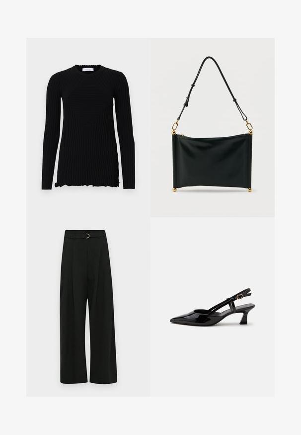 Rabanne Camiseta de manga larga - black; Pantalones de pierna ancha negros, confeccionados en una tela suave, con un cinturón con hebilla plateada, pliegues en la parte frontal y dobladillo recto.; Zapato slingback de charol negro con tacón bajo, punta puntiaguda y correa ajustable con hebilla dorada sobre fondo blanco.; Bolso rectangular de cuero negro con correa ajustable, herrajes dorados y cierre de cremallera, colocado en posición vertical sobre un fondo blanco.